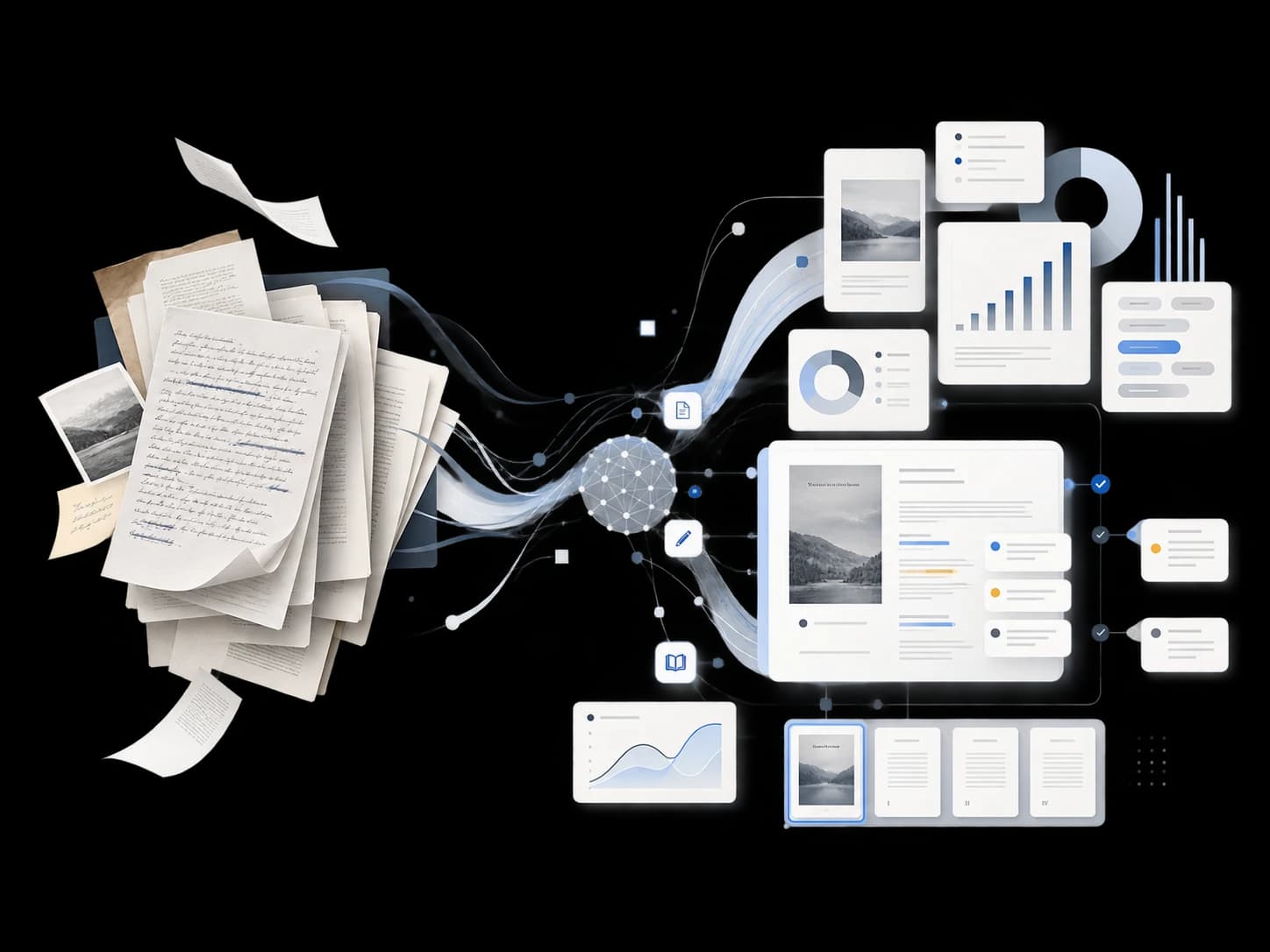 Illustration: manuscript pages are turned into structured analysis, market and editorial information.
