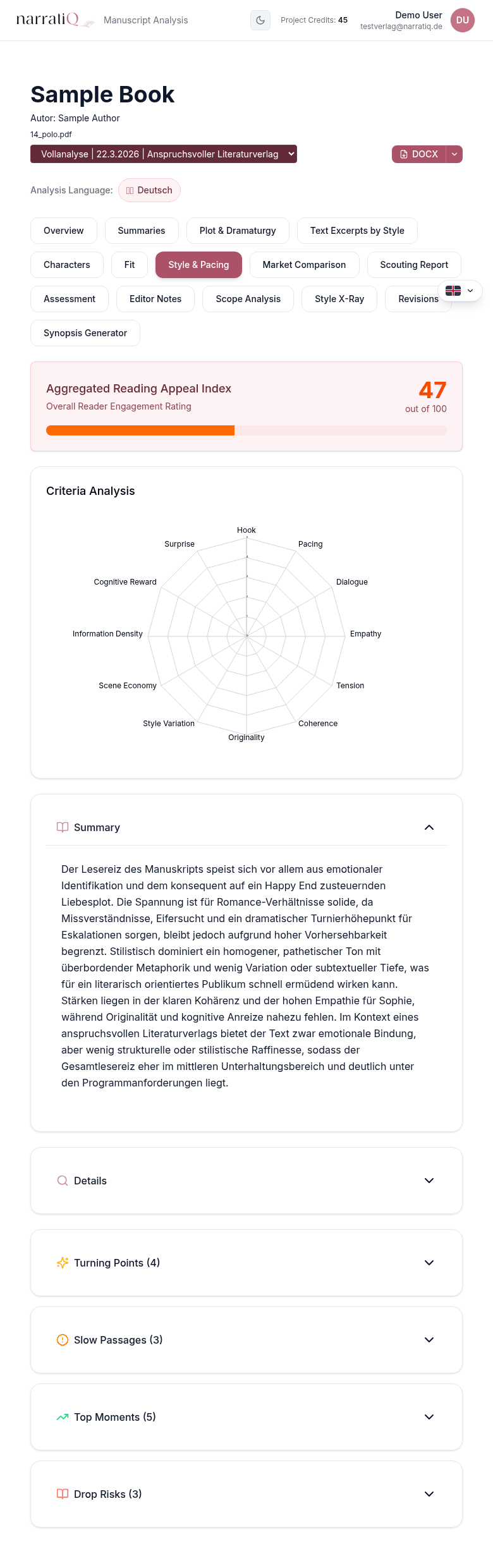 narratiQ publisher fit: Five fit dimensions and traffic light system as decision support