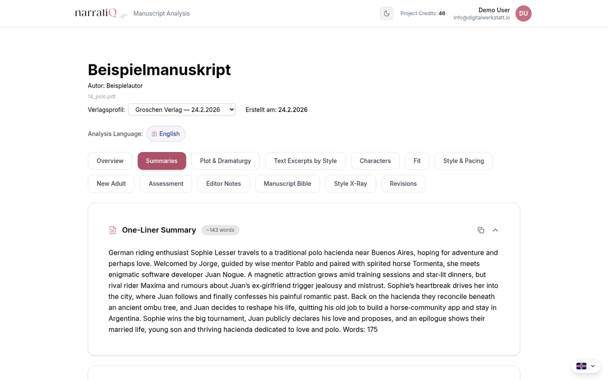 narratiQ initial assessment: Summary, strengths, and elevator pitch at a glance