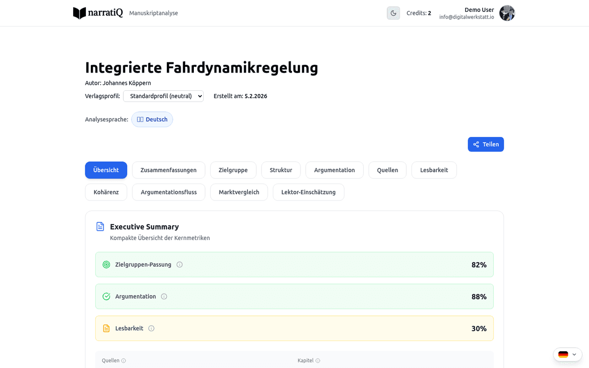 narratiQ Sachbuch-Dashboard: Elevator Pitch, Kernthese und Haupt-Insights auf einen Blick