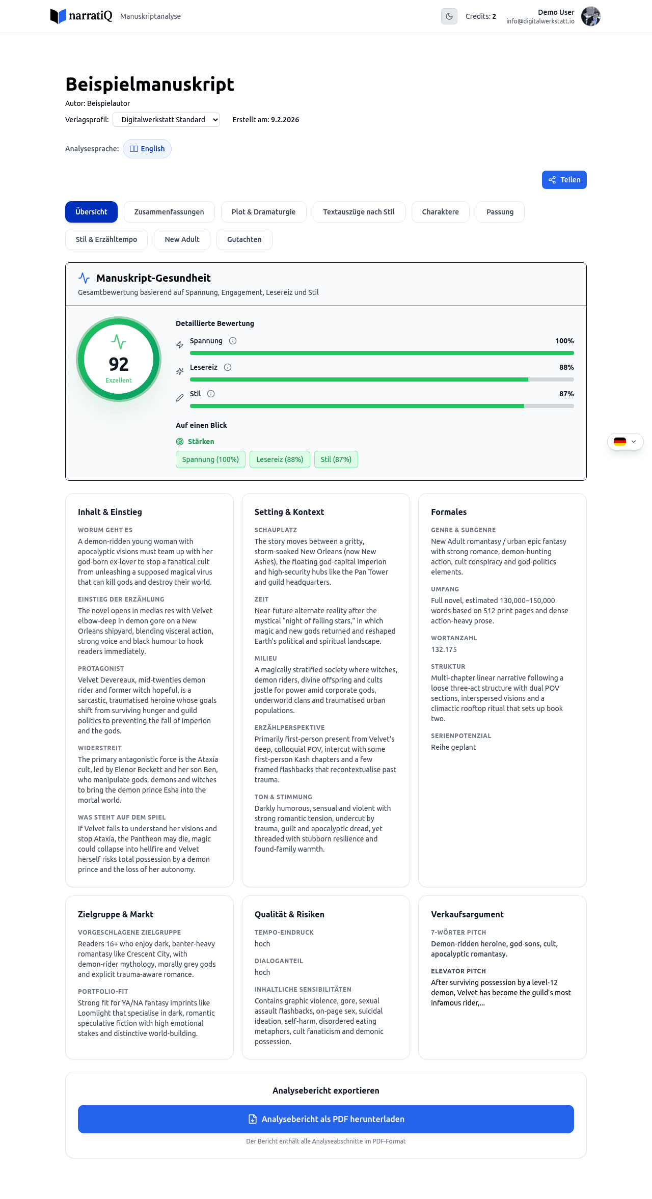 Übersichts-Tab mit Gesundheits-Score und Metriken