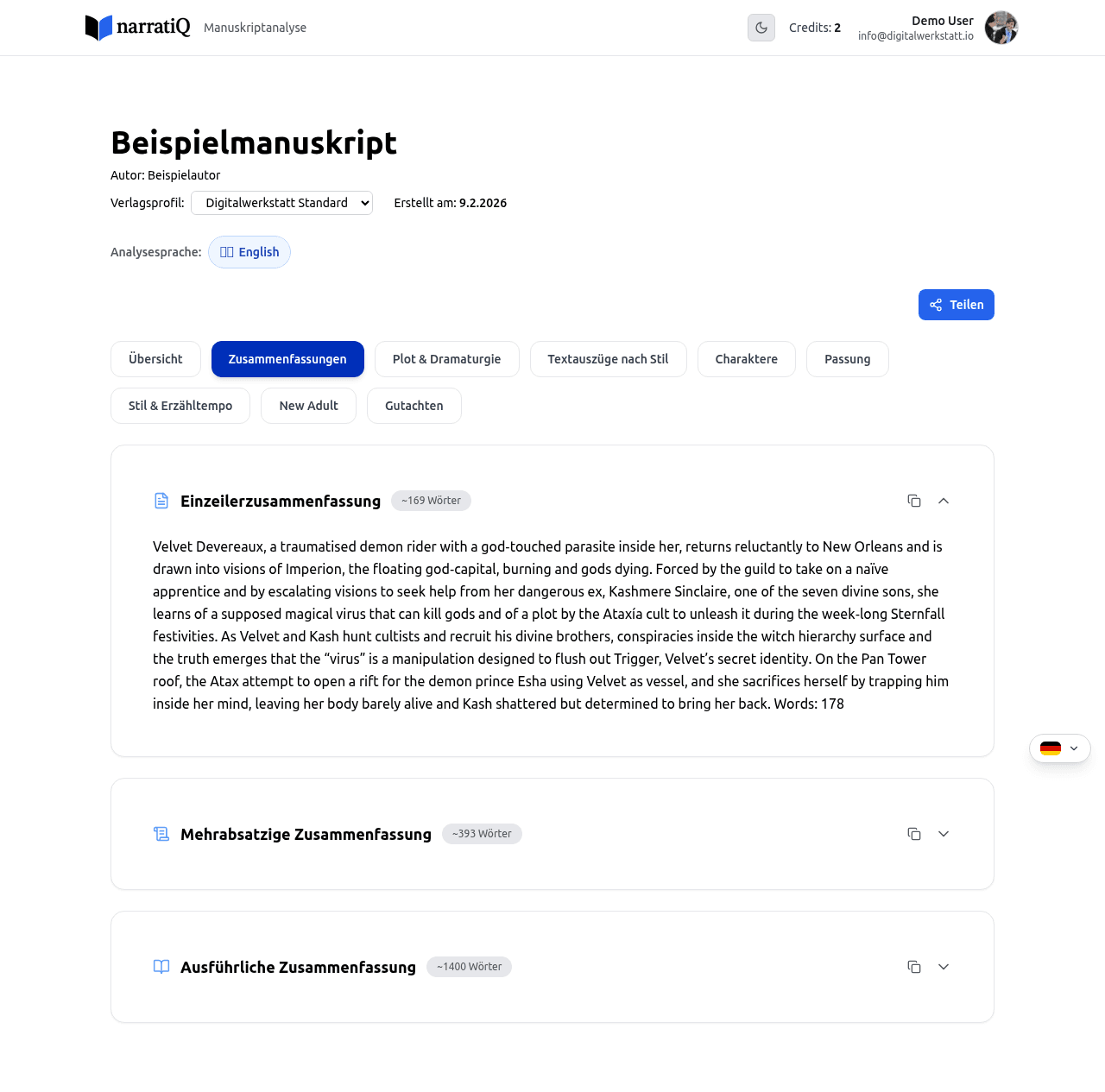 Zusammenfassungen-Tab mit Einzeiler, Elevator Pitch und ausführlicher Zusammenfassung