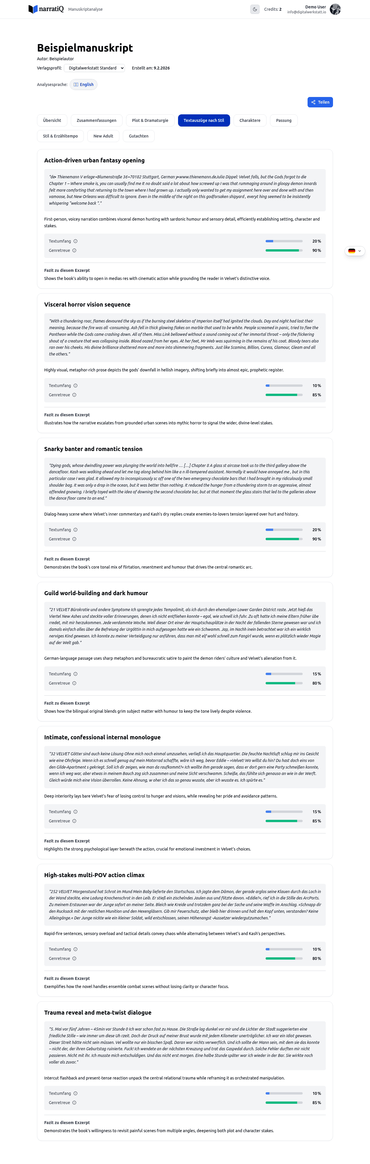Textauszüge-Tab mit kategorisierten Passagen