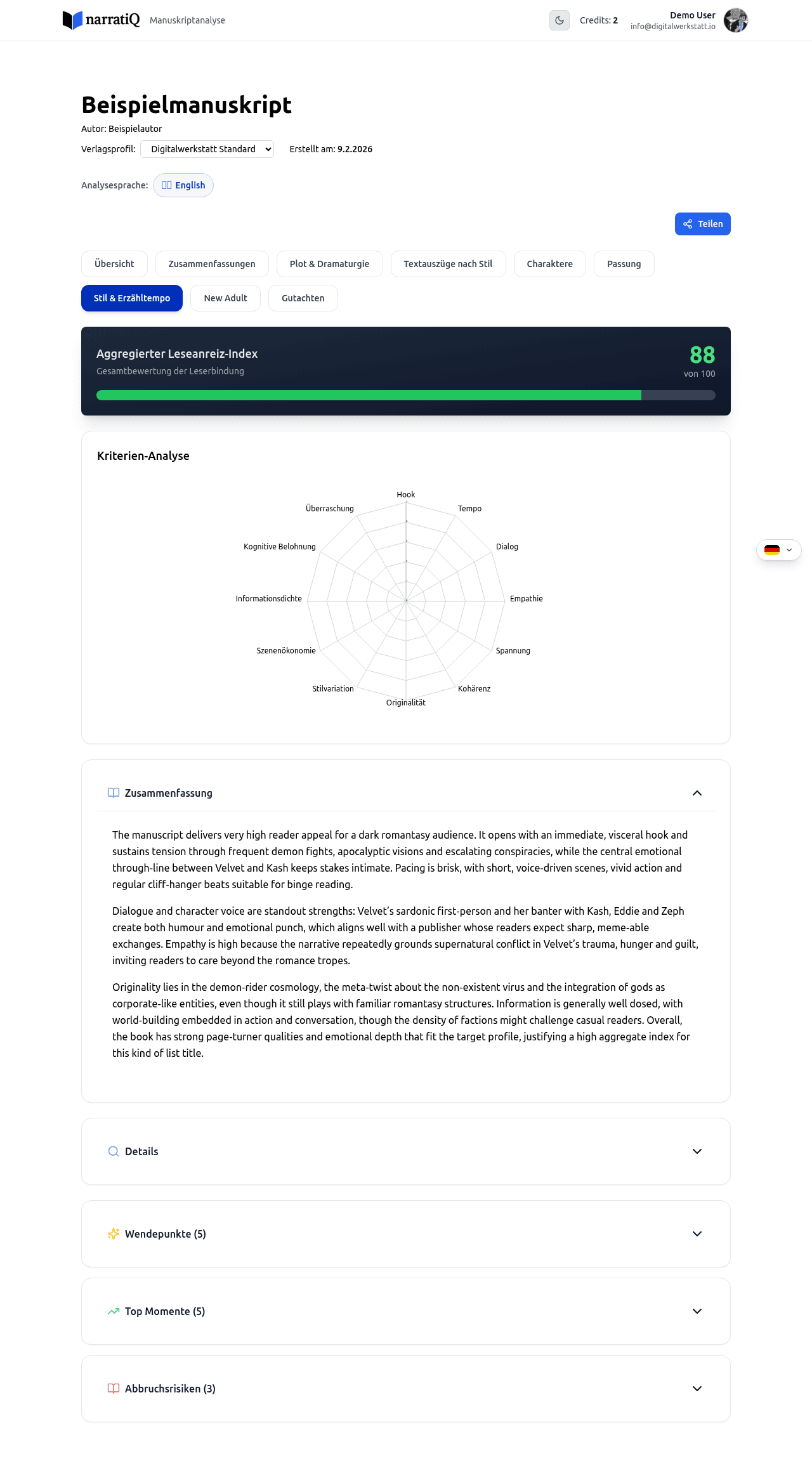 Stil-Tab mit Leseanreiz-Radar und Stilanalyse