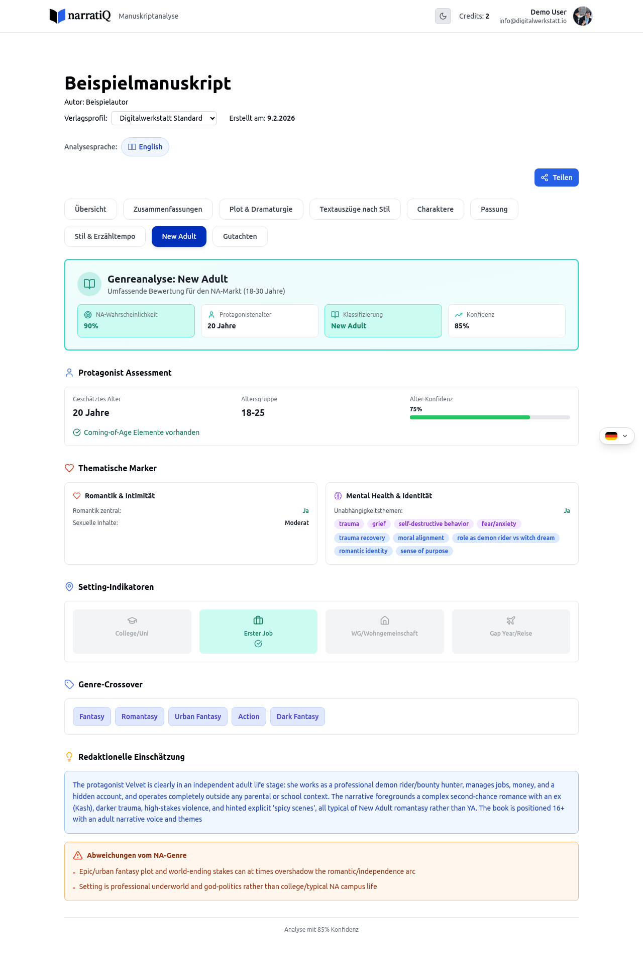 New Adult Tab mit Genre-spezifischer Analyse
