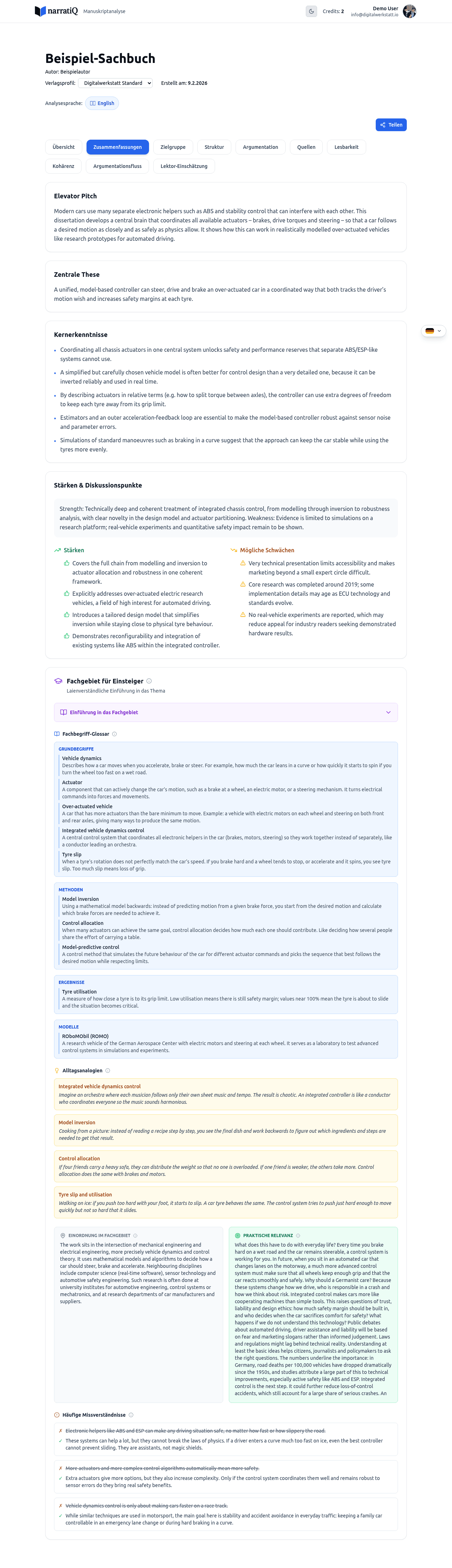 Zusammenfassungen-Tab mit Glossar und Alltagsanalogien