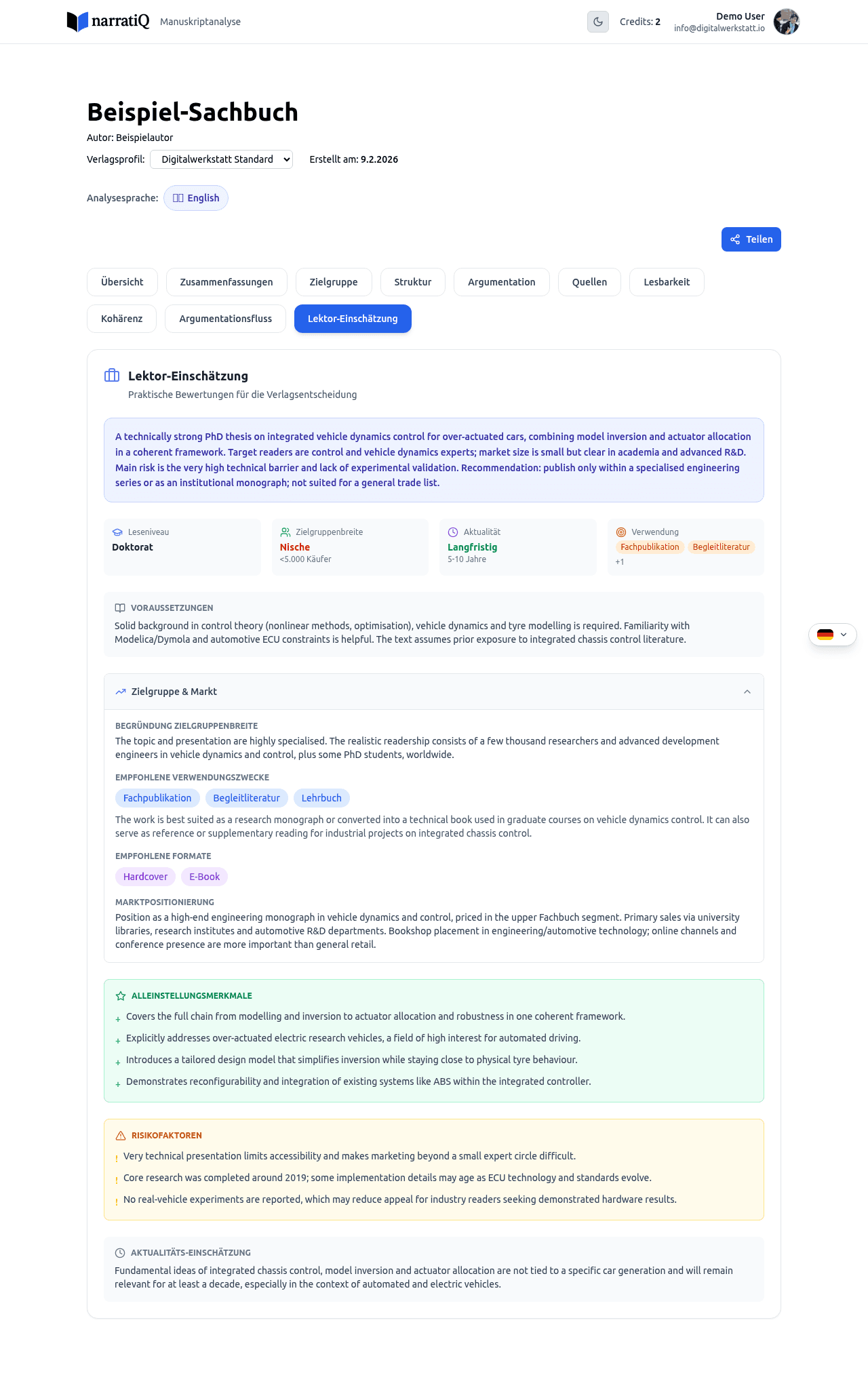 Lektor-Einschätzung mit Marktpositionierung und Empfehlungen