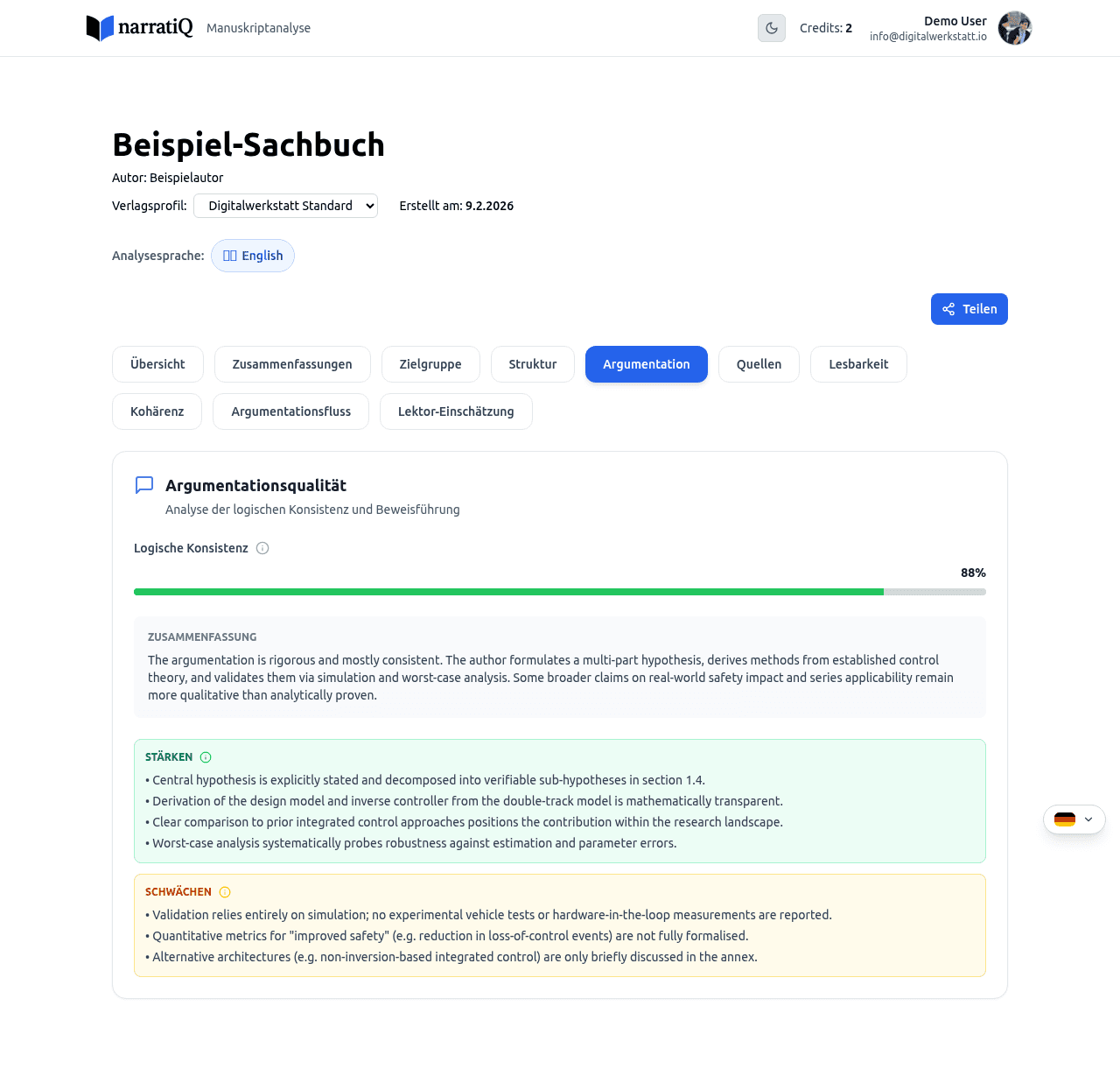 Argumentation-Tab mit logischer Konsistenz und Evidenzqualität