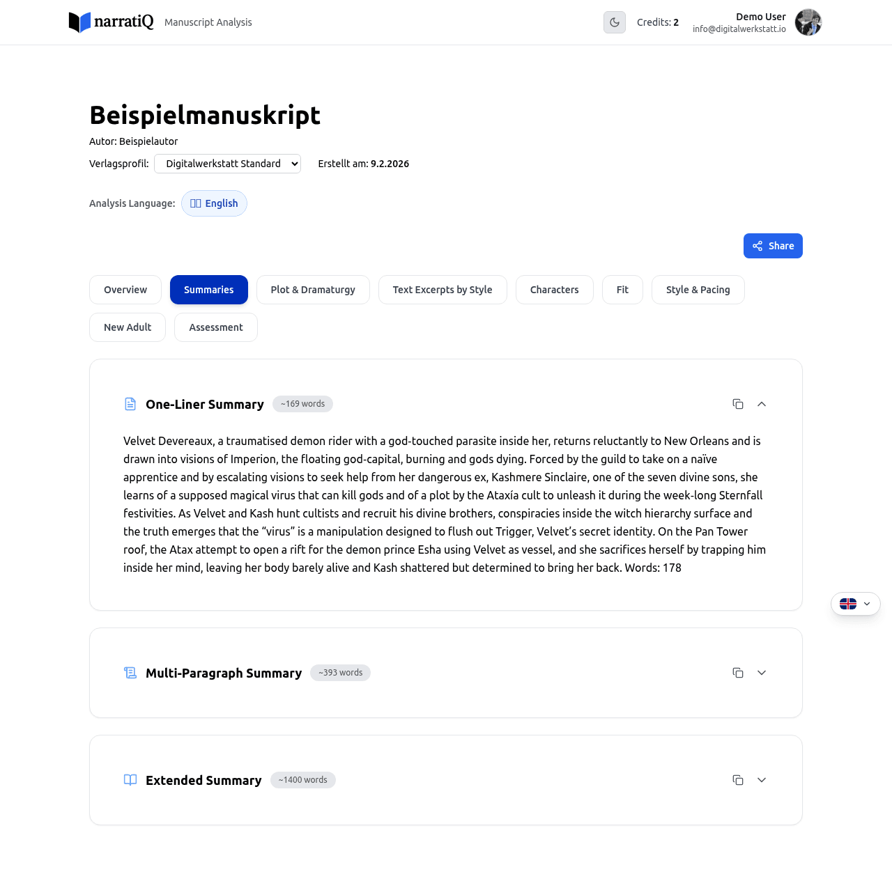 Summaries tab with one-liner, elevator pitch, and detailed summary