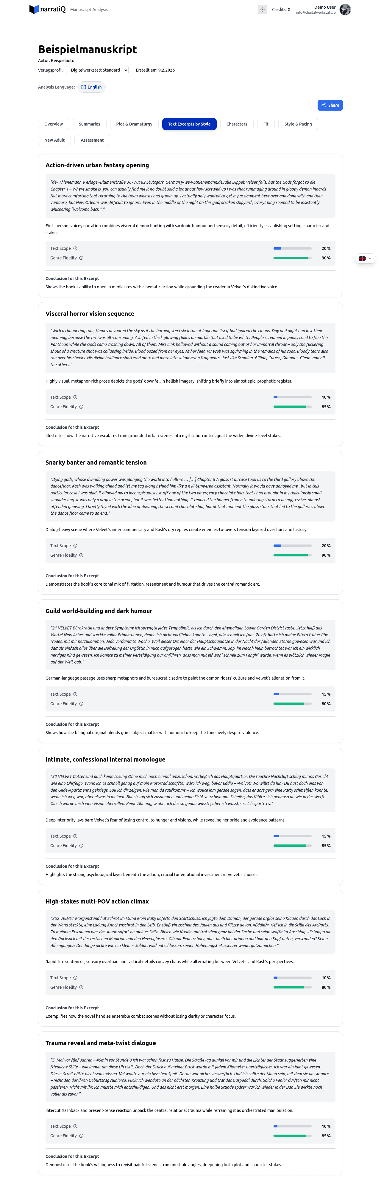 Text excerpts tab with categorized passages