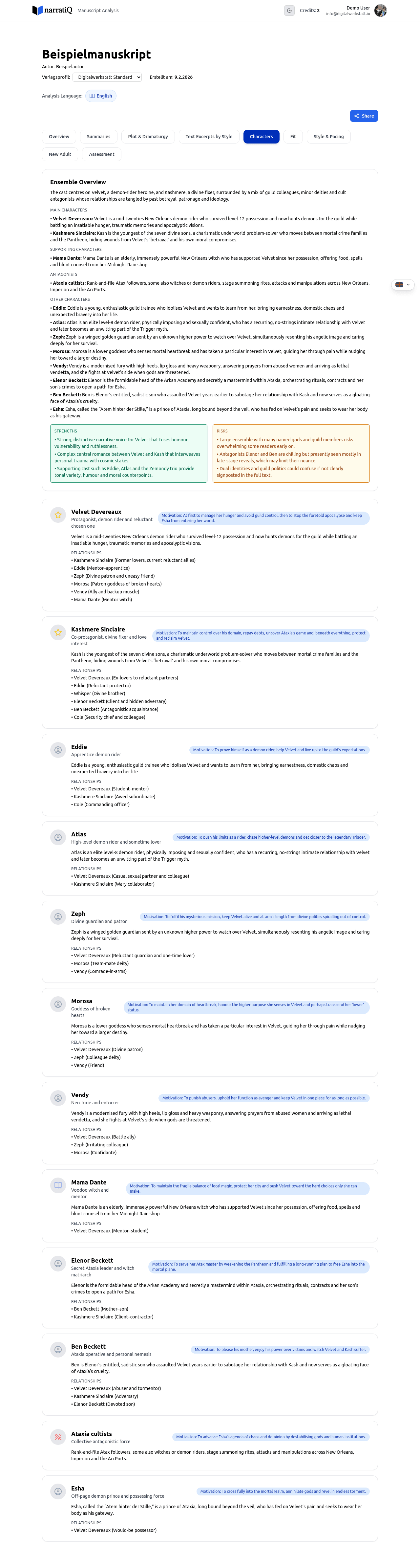 Characters tab with character overview and relationship map
