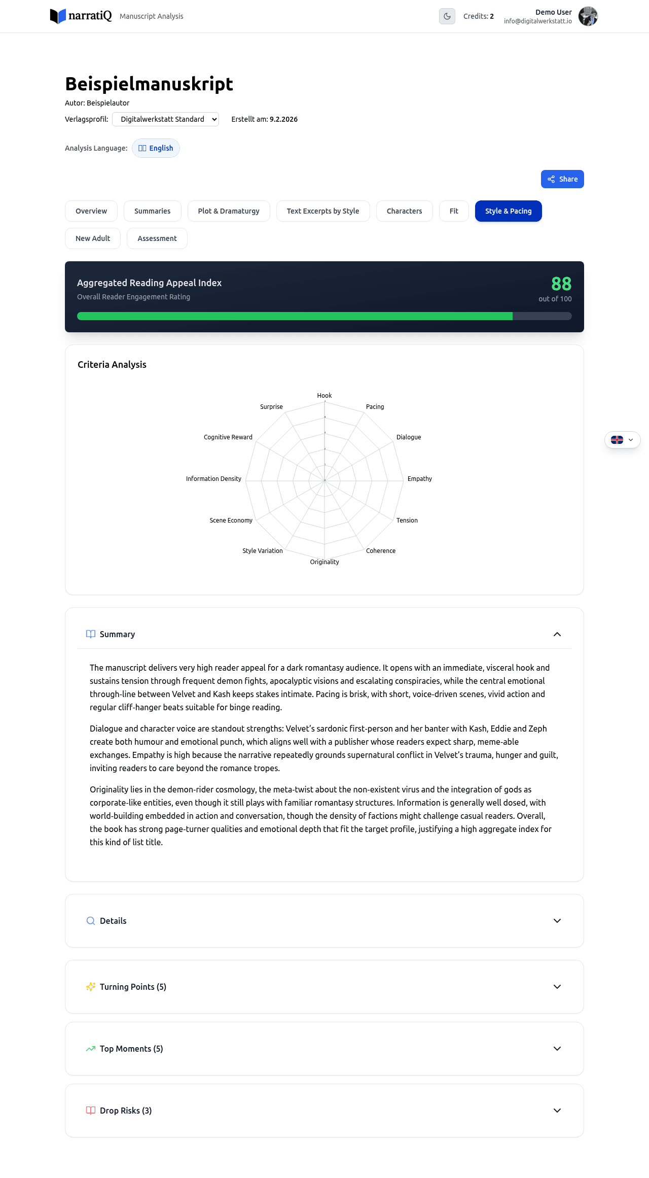 Style tab with reading appeal radar and style analysis