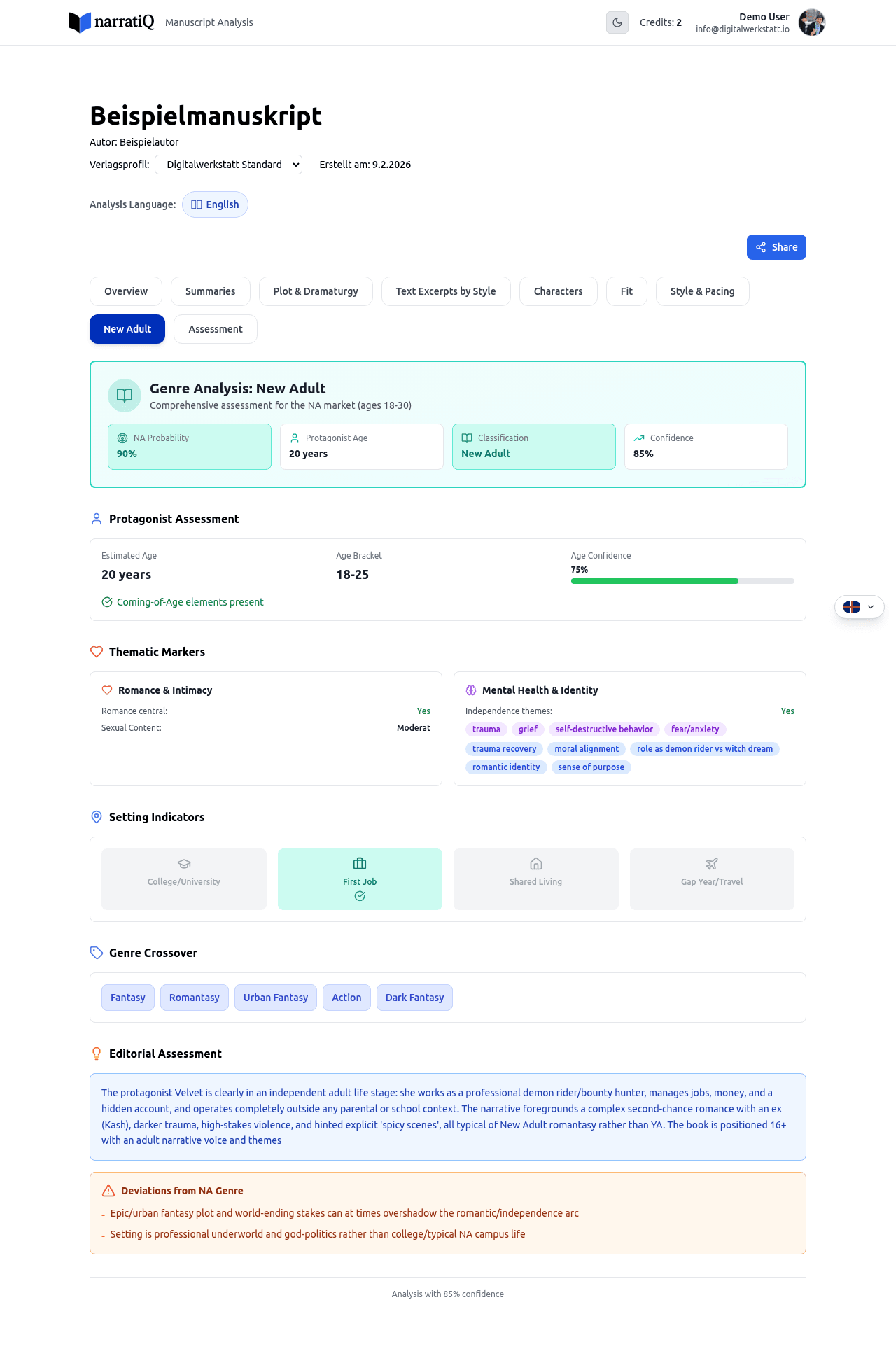 New Adult tab with genre-specific analysis