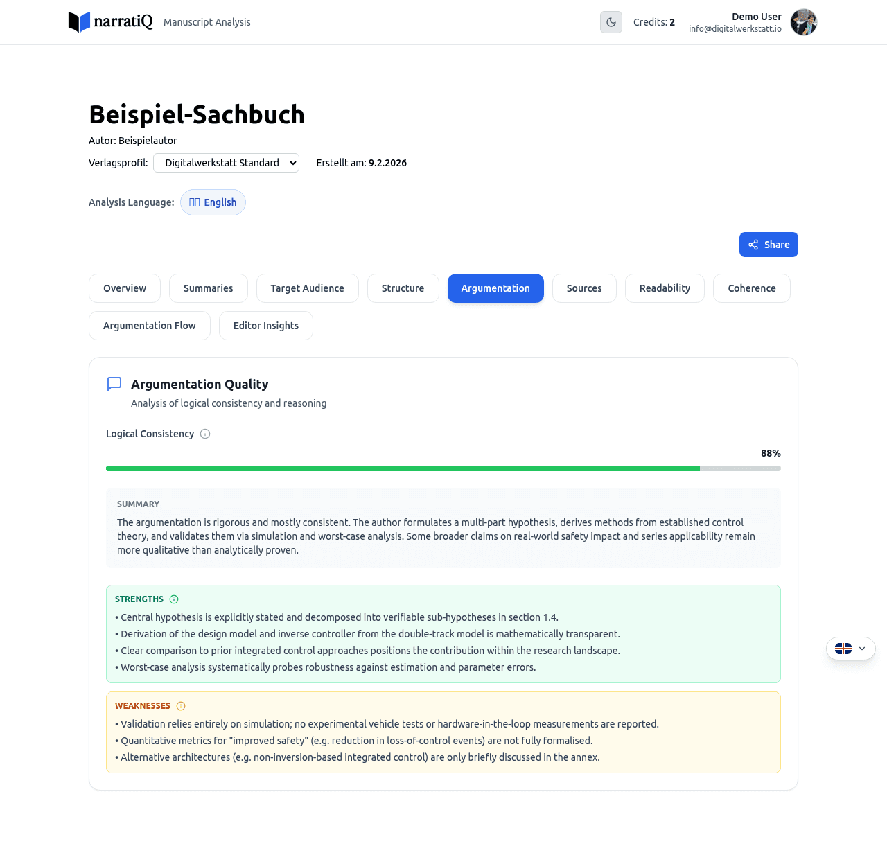 Argumentation tab with logical consistency and evidence quality