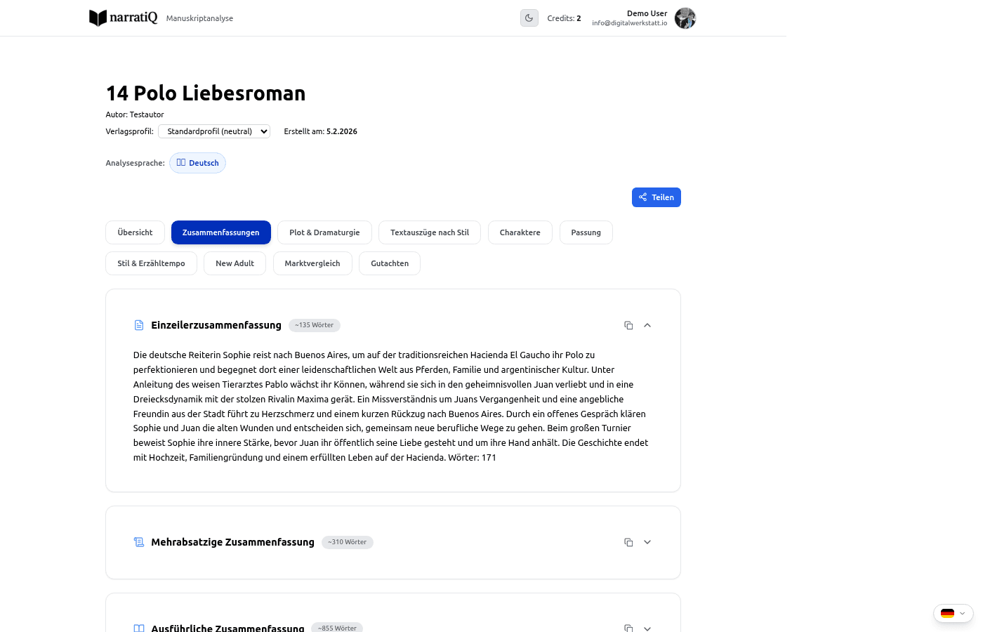 Zusammenfassungen-Tab mit Einzeiler, Elevator Pitch und ausführlicher Zusammenfassung