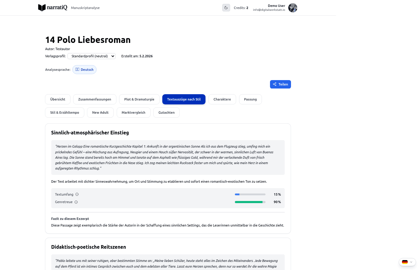 Textauszüge-Tab mit kategorisierten Passagen