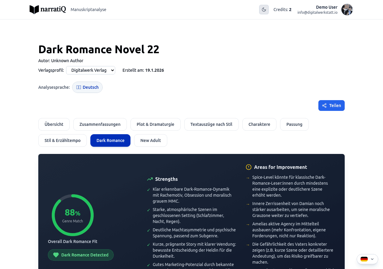 Dark Romance Tab mit Tropen, Content Warnings und Marketing-Zitaten