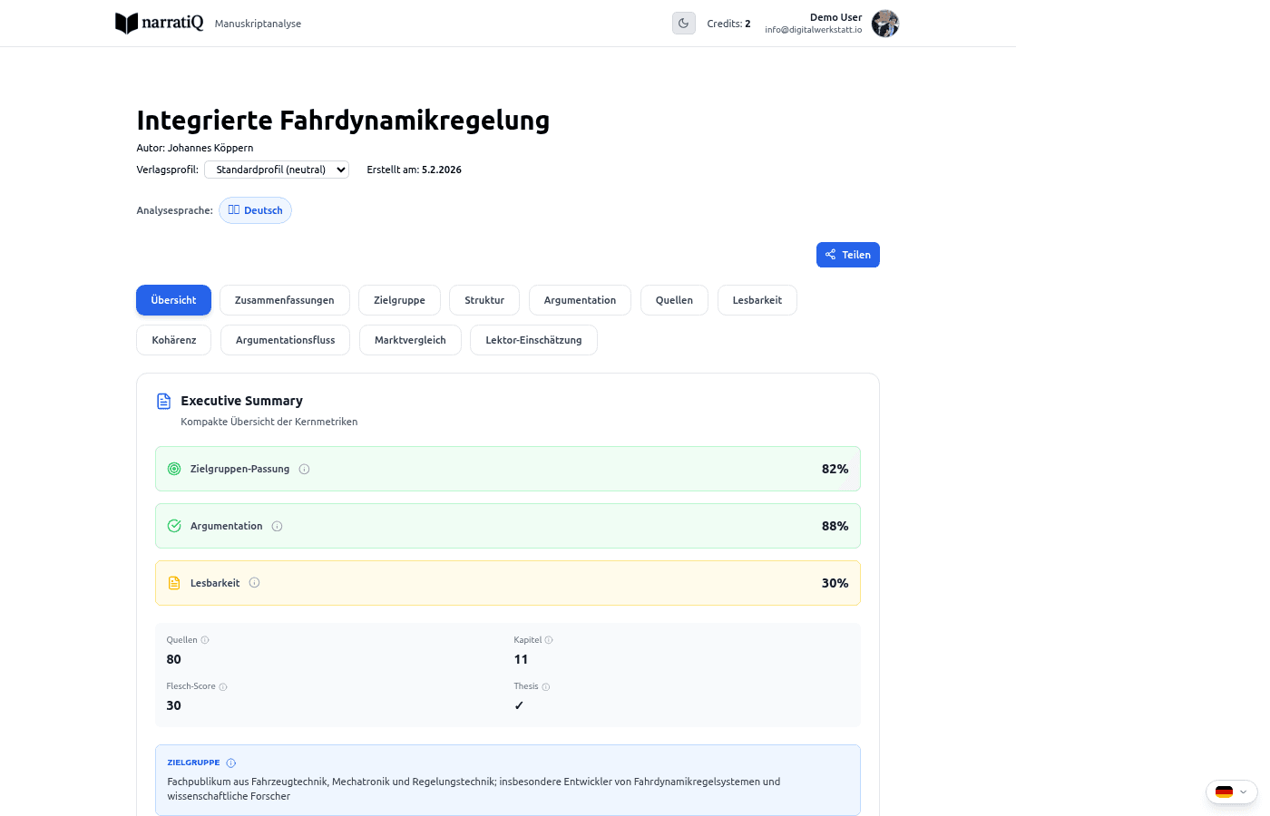Übersichts-Tab mit Qualitäts-Radar und Executive Summary