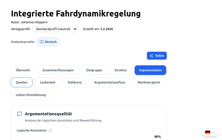 Argumentation-Tab mit logischer Konsistenz und Evidenzqualität
